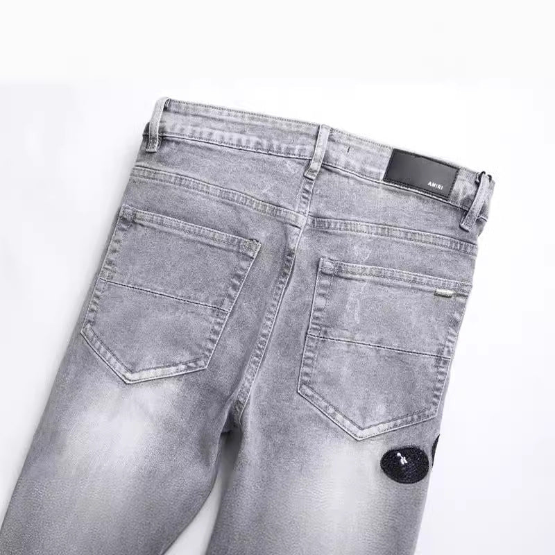 Fashion Gray Hole Patch Embroidery Cobra Stretch Feet Men's Jeans - cas7m