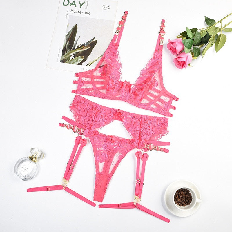 Vintage Jewel Embroidery Bra Sexy Gathering Underwear Set - cas7m