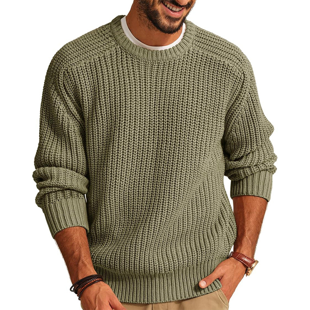 Men's Solid Color Long Sleeve Round Neck Fashion Sweater Loose Retro Sweater - cas7m