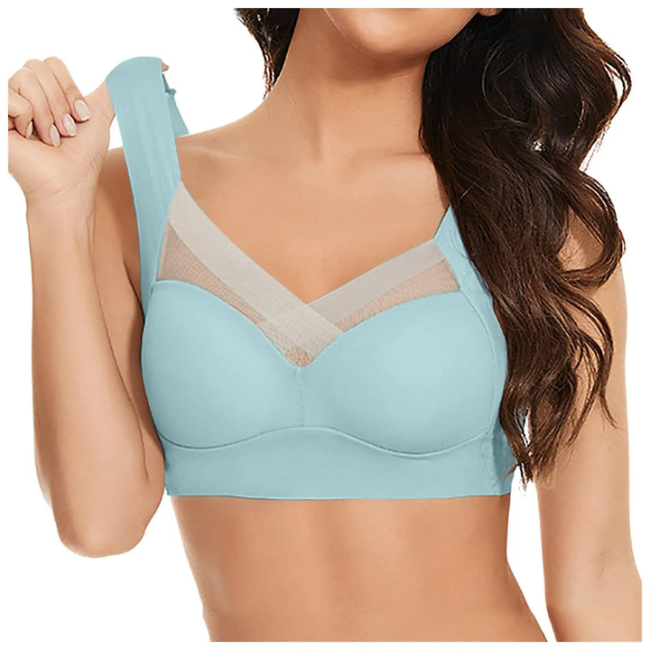 Light blue bra worn by a model on a white background