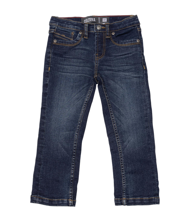 A pair of dark blue denim jeans with a straight-leg fit, featuring classic five-pocket styling and contrast orange-brown stitching. The brand name 'CULTURA' is visible on the inner waistband label.
