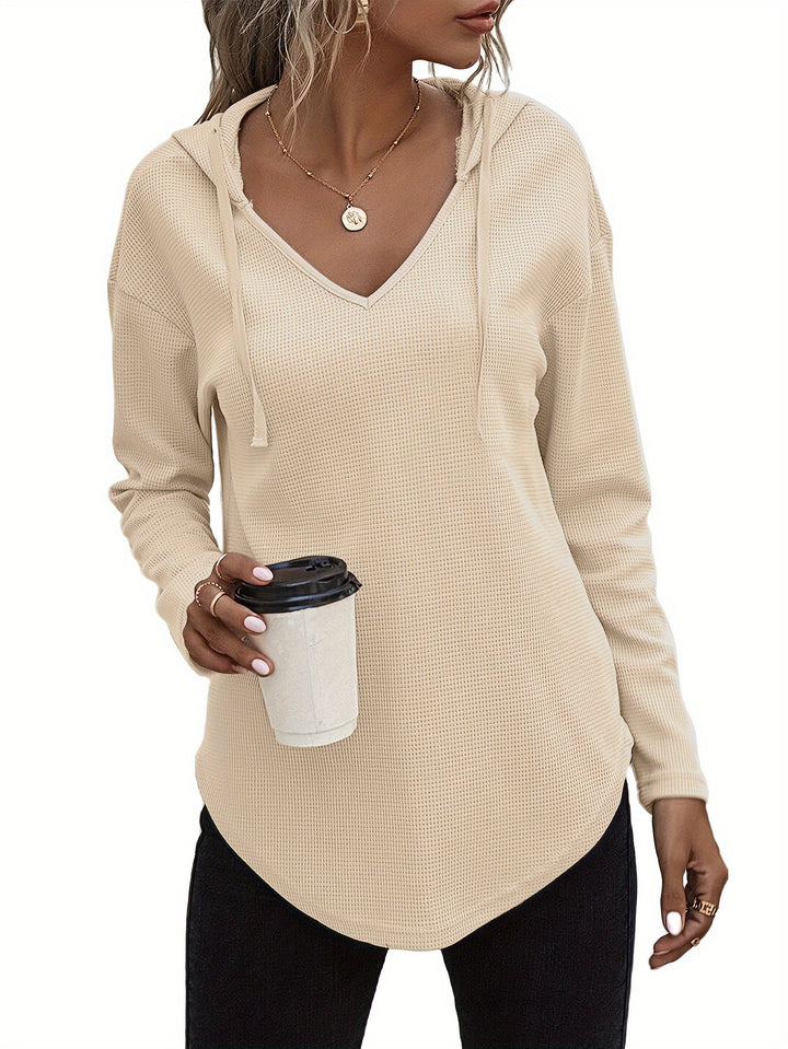 Elegant Beige Hanky Hem V-Neck Hoodie For Women - cas7m
