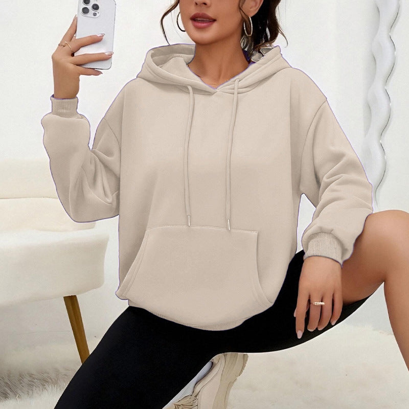 All-matching Loose Drawstring Pocket Sweatshirt Long Sleeve Women - cas7m