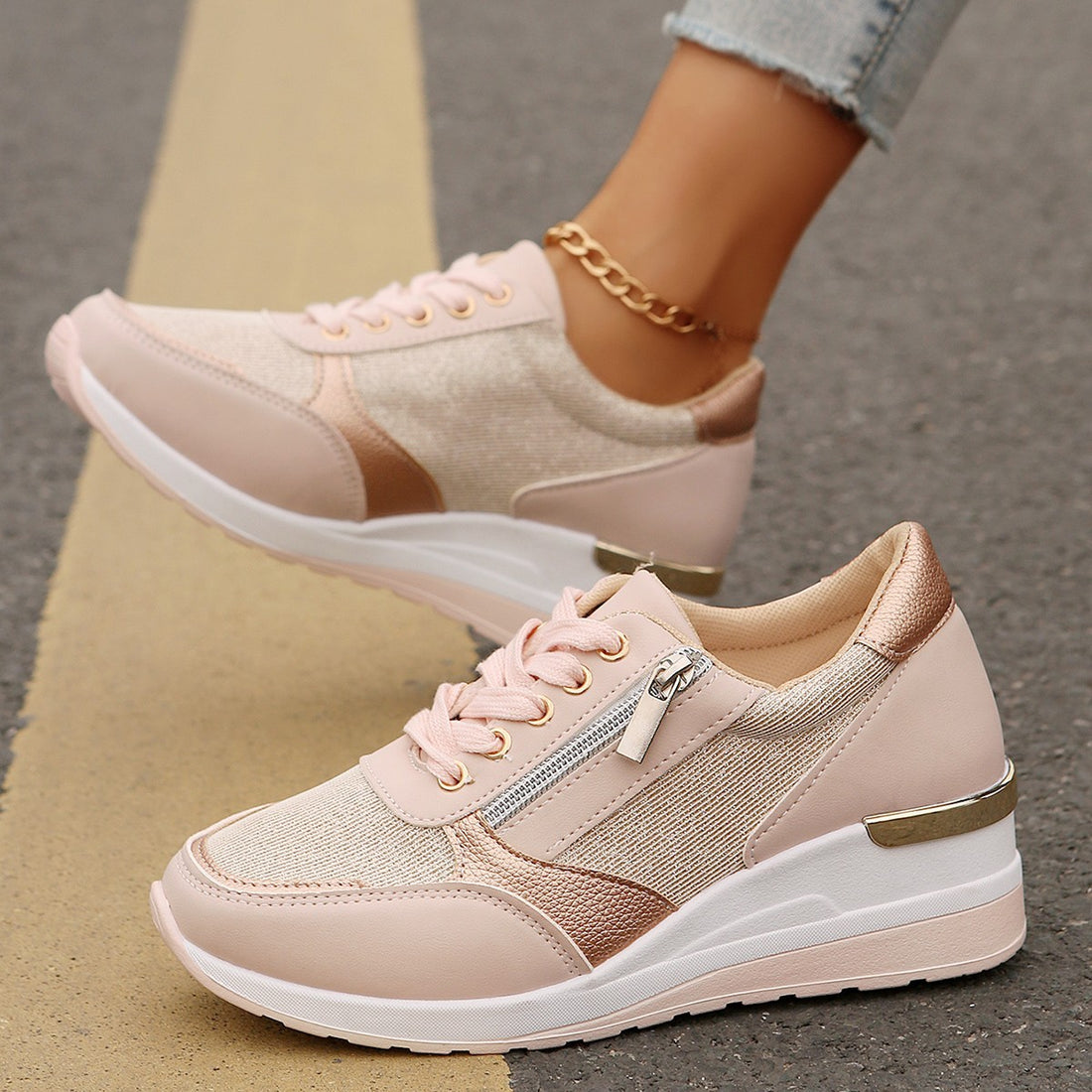 Women's Lace-up Casual Shoes FFashion Side Zipper Design Thick-soled Shoes Walking Running Sports Sneakers - cas7m