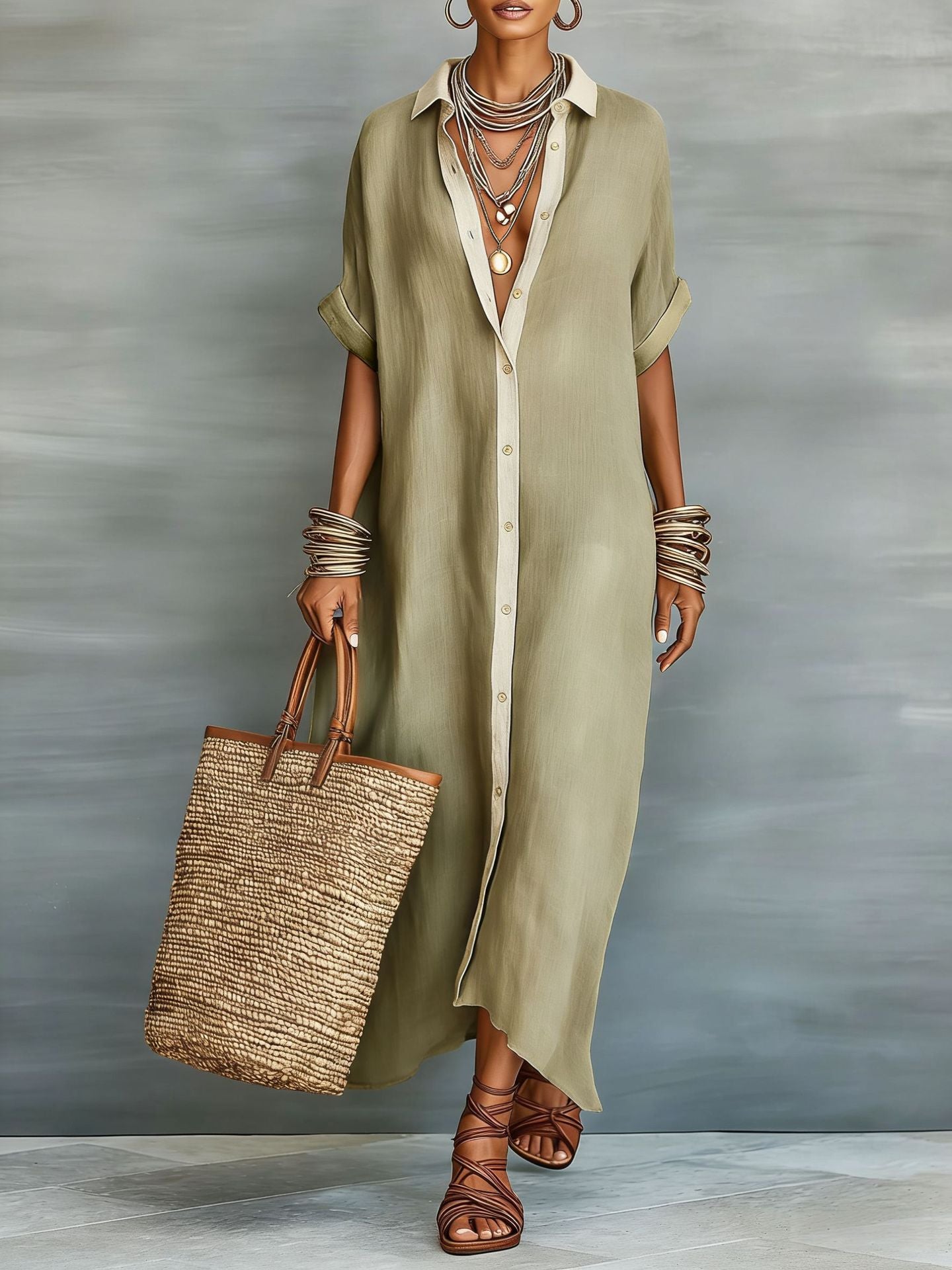 Color-blocked Loose  And Linen Long Dress Fashionable And Casual Dress - cas7m