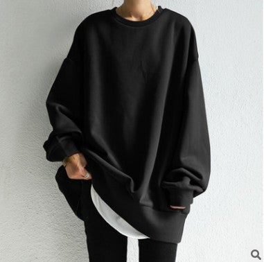 Autumn And Winter New Style Solid Color Mid-length Loose Round Neck Blouse Women - cas7m