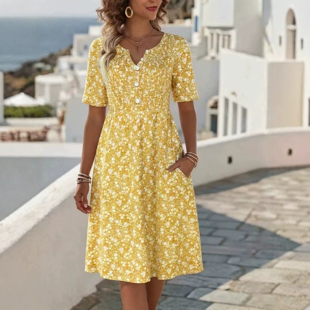 Womens Floral Print V-Neck Midi Dress With Short Sleeves - cas7m