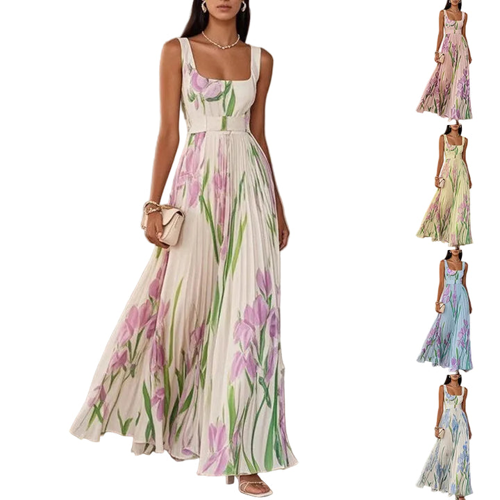 Floral Print Pleated Dress Summer A-Line Sleeveless Midi Dresses Women's Clothing - cas7m