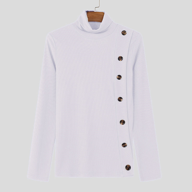 European And American Men Casual Sweater Turtleneck Buttons Solid Color Long Sleeve - cas7m