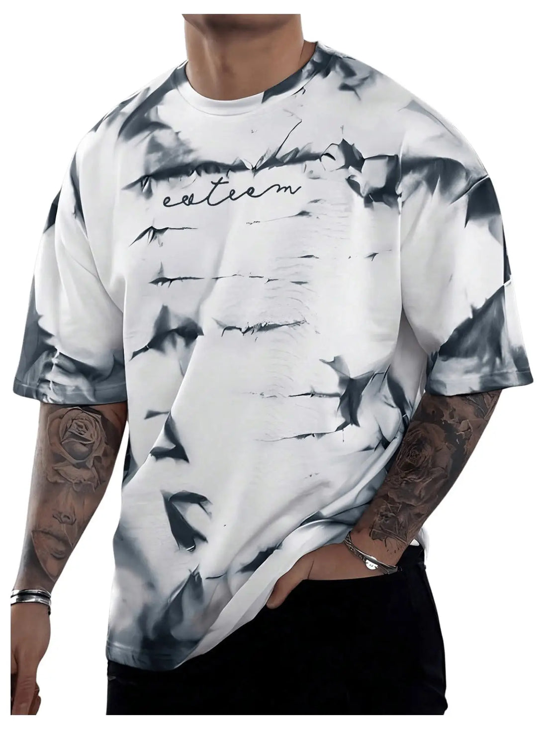 A man wearing a white short-sleeve t-shirt with a black and gray bark-like abstract print and the word 'extrem' written across the chest, shown against a plain white background.