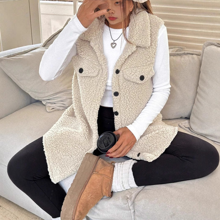 Lapels Open Button Plush Vest Cardigan - cas7m