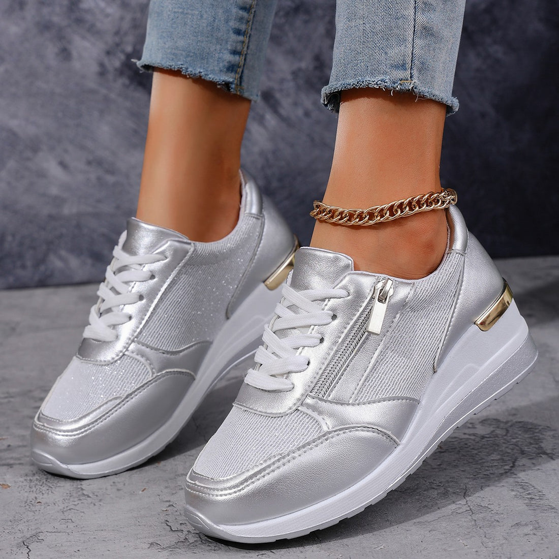 Women's Lace-up Casual Shoes FFashion Side Zipper Design Thick-soled Shoes Walking Running Sports Sneakers - cas7m