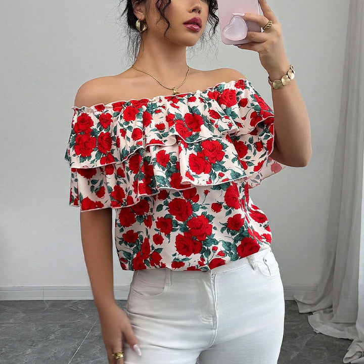 Off-shoulder Short-sleeved Shirt Double-layer Ruffled Women's Clothing - cas7m