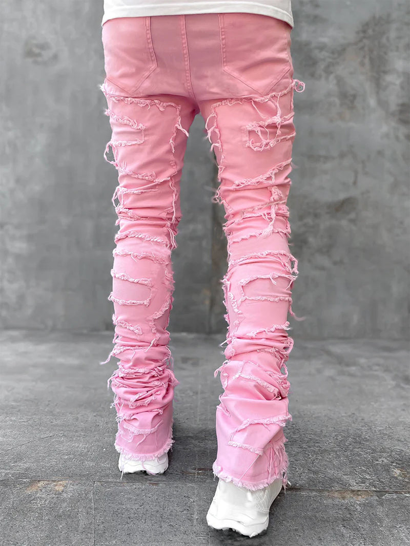 Ins Fringes Ripped Trousers Individual Patched Pants Long Tight Fit Stacked Jeans For Mens Clothing - cas7m