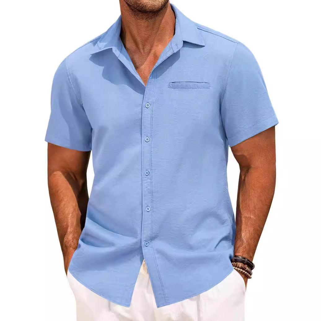Polo Collar Solid Color Short Sleeve Button Shirt - cas7m