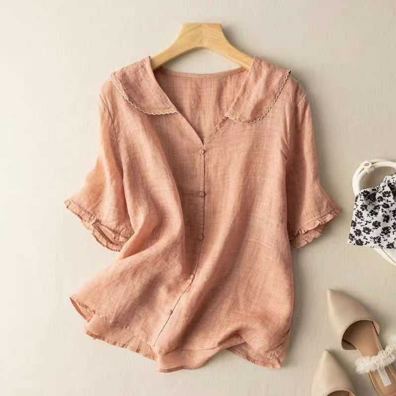 Women's Ramie Artistic Retro Cotton And Linen Doll Collar Loose Top - cas7m