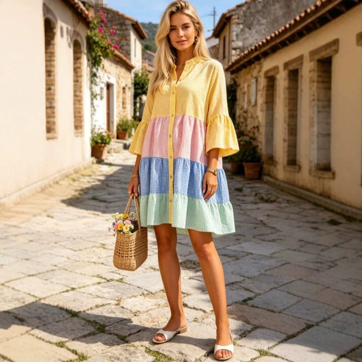Color-block Plaid Patchwork Shirt Dress Loose-fitting With Flared Sleeves And A Tiered Cake Skirt - cas7m