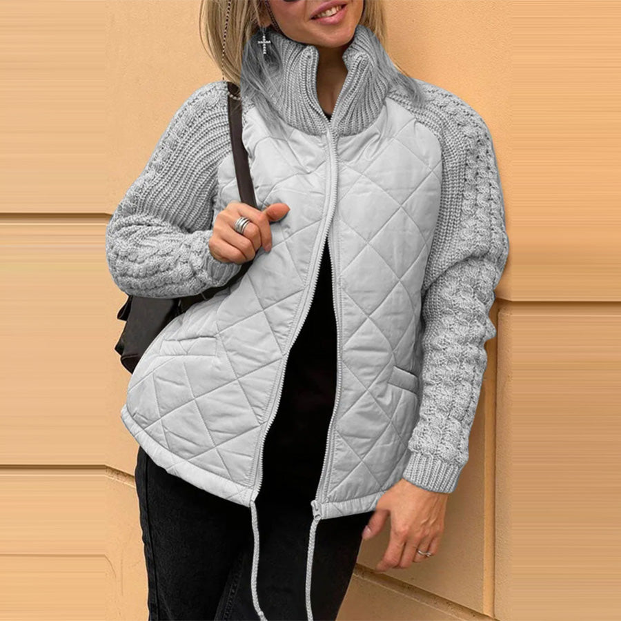 Winter Stand Collar Cotton Jacket With Pockets Fashion Knitted Stitching Zipper Coat Warm Tops For Women Clothing - cas7m