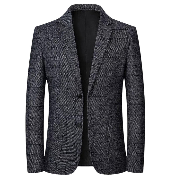 A men's single-breasted blazer in a dark gray and black windowpane check pattern, displayed on a clean white background.