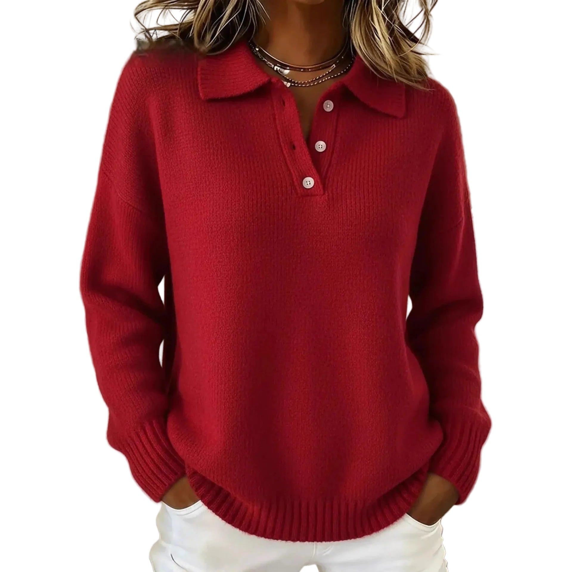 Loose And Soft Women's Lapel Long Sleeve Button Sweater - cas7m