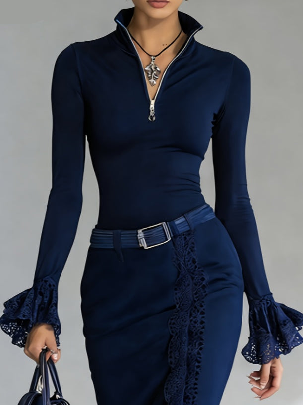 Lace-trimmed Stand-up Collar Zip-up Long-sleeved Top For Women - cas7m