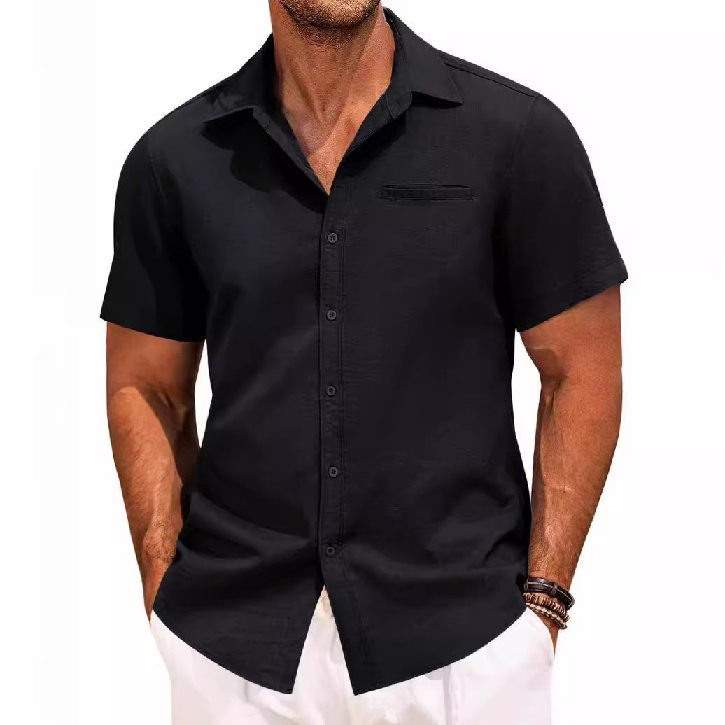 Polo Collar Solid Color Short Sleeve Button Shirt - cas7m