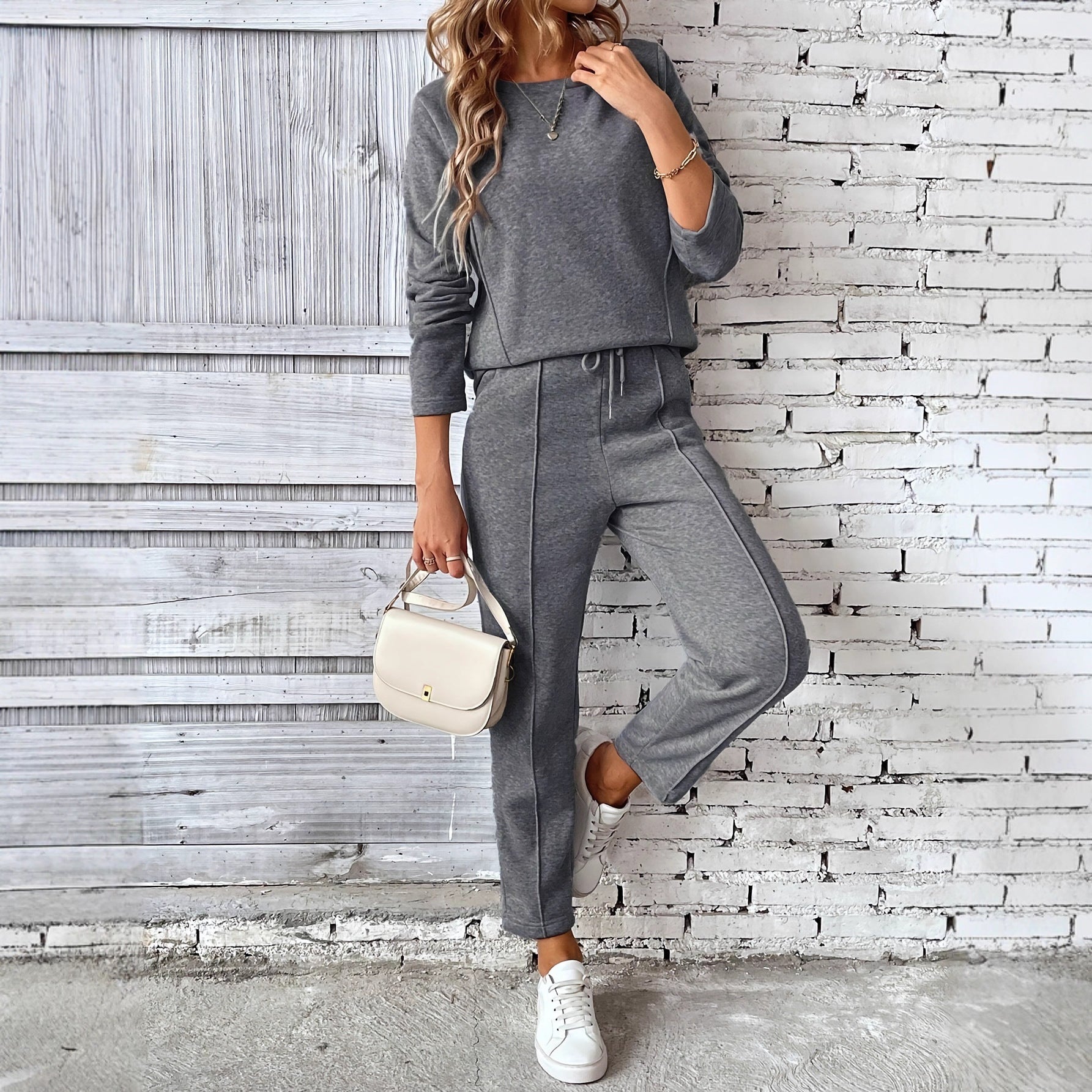 Round-neck Fashionable Top Hoodie Pocket Casual Straight-leg Pants Women's Clothing - cas7m