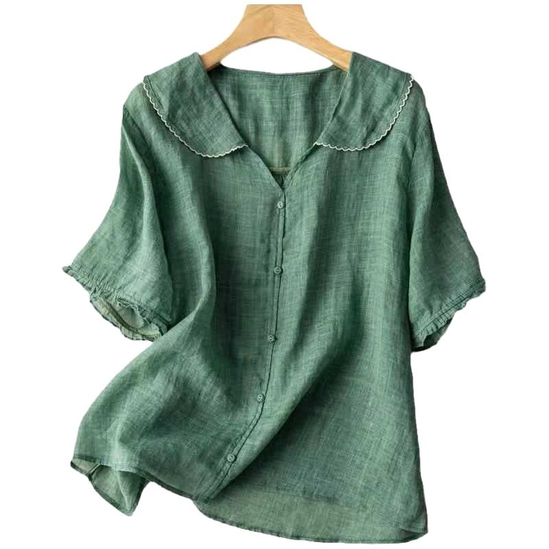 Women's Ramie Artistic Retro Cotton And Linen Doll Collar Loose Top - cas7m