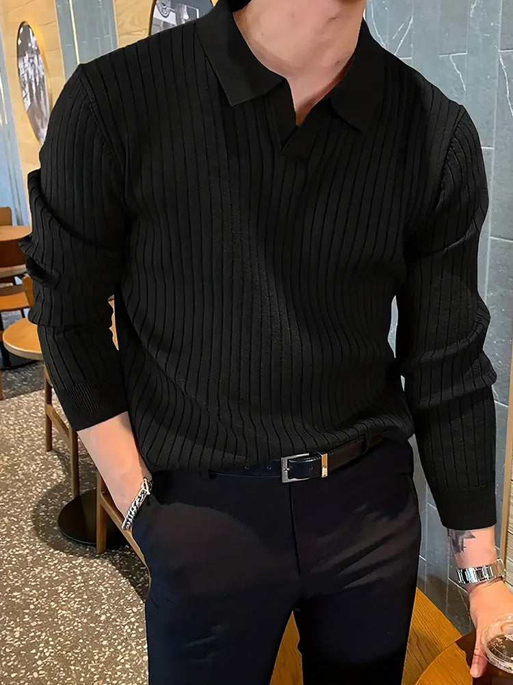 Lapel Texture Stretch Slim Knit Polo Shirt Men Polo Shirt Fashion Waffle Long-sleeved Tops Clothing Casual Comfortable Golf Men's Clothing - cas7m