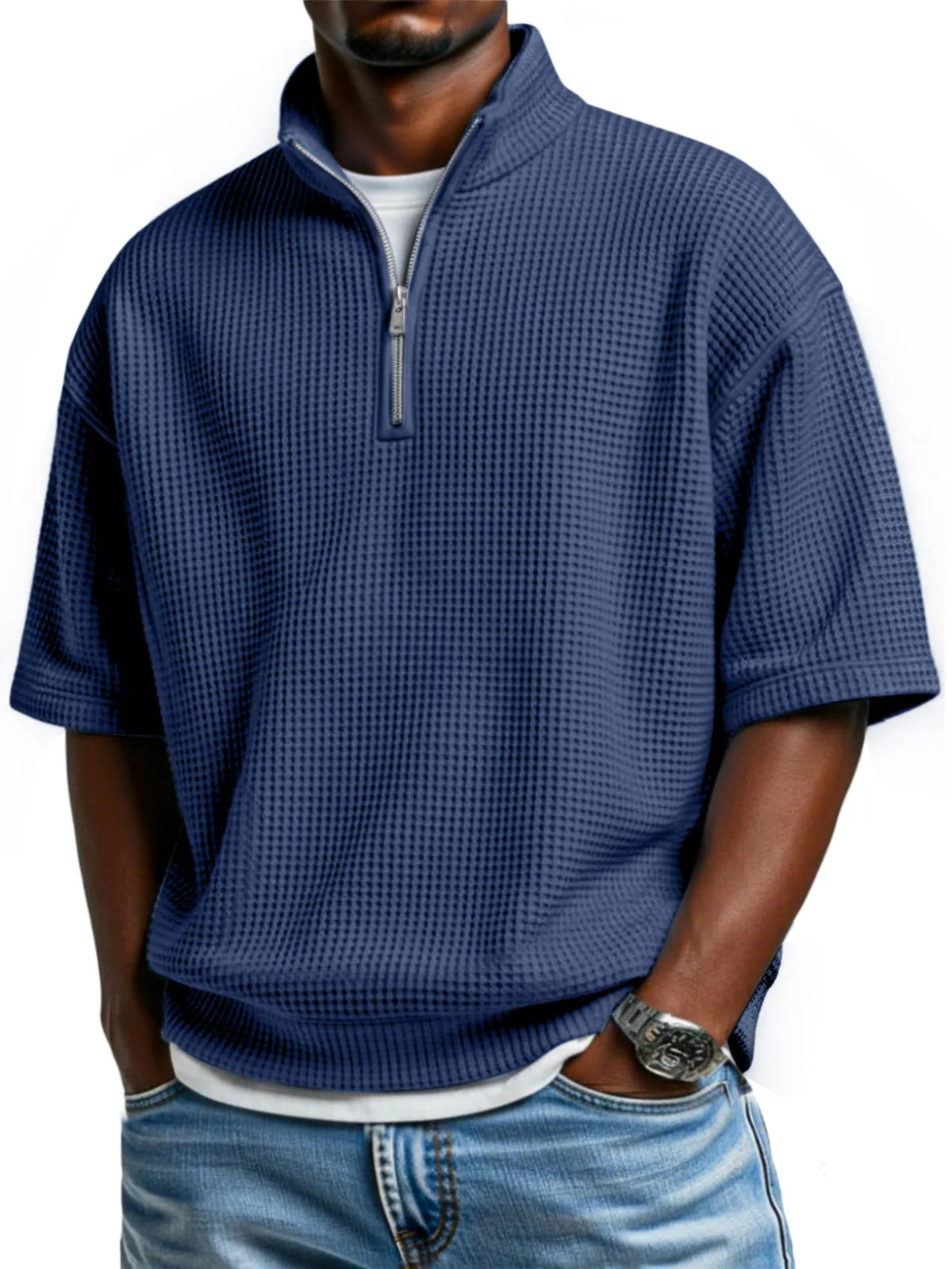 Waffle-knit Short-sleeve Polo Shirt For Men Loose-fitting Half-zip T-shirt - cas7m