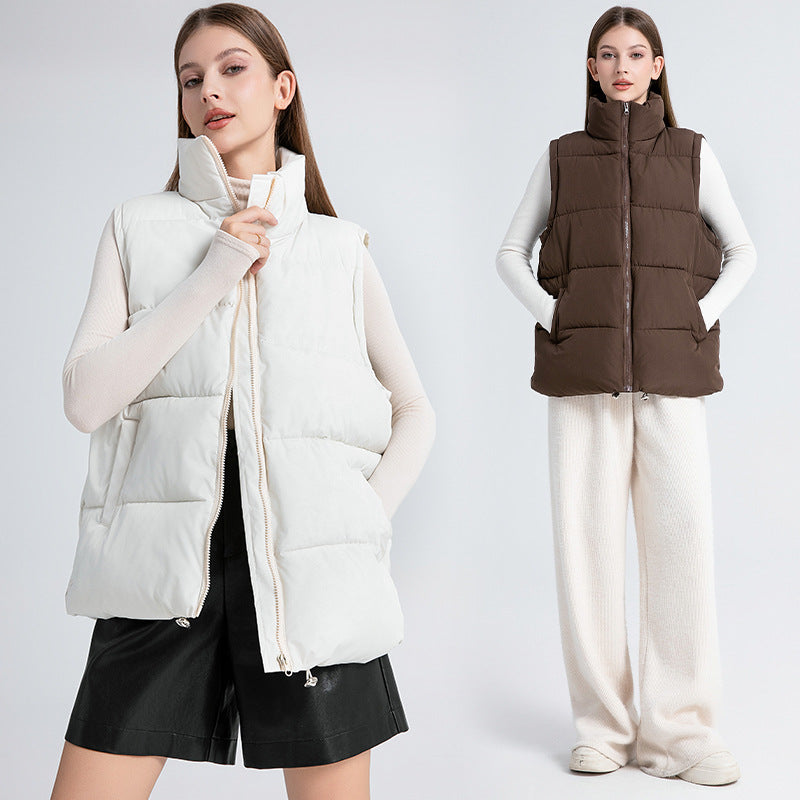 Women's Sleeveless Mid-length Stand-up Collar Thermal Down Cotton Thickened Vest - cas7m