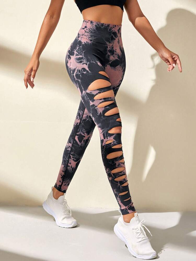 Hollow Tie-dye Yoga Pants High Waist Hip Lift Fitness Pants - cas7m