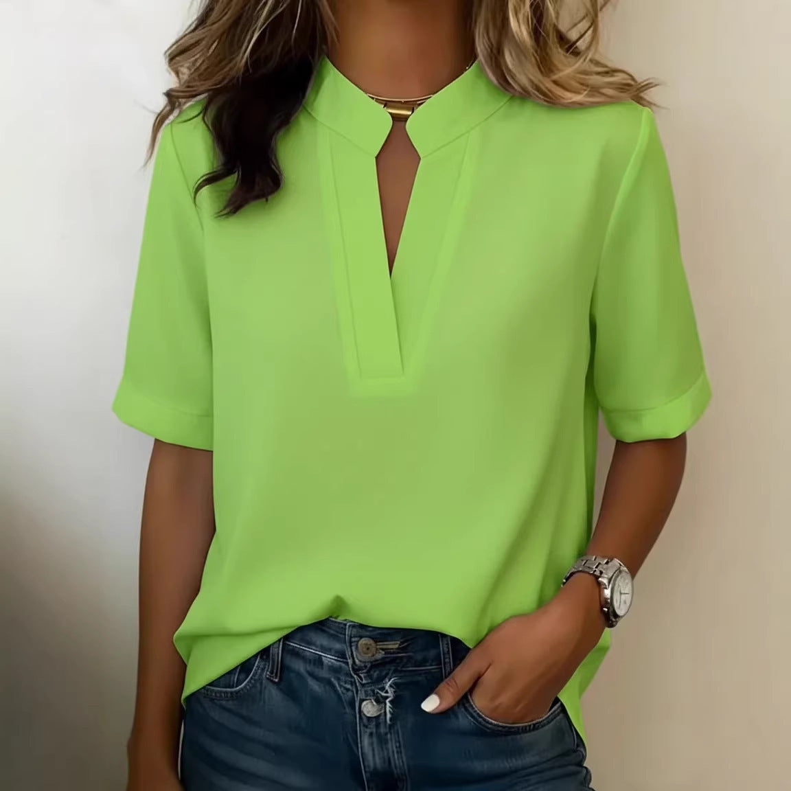 European American Women New Spring Summer Casual Top, VNeck Loose Blouse TShirt For Daily Wear - cas7m