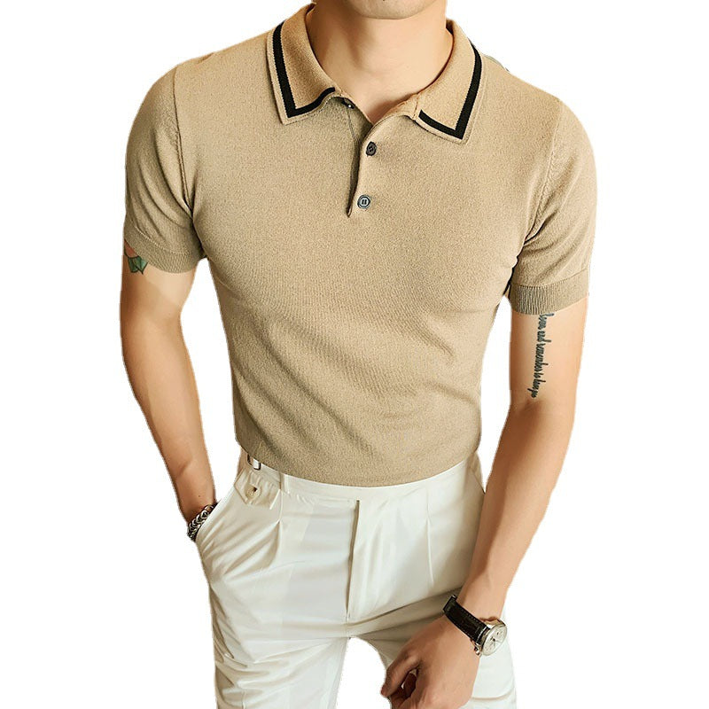 New Solid Color Lapel Knitted Men's Pullover Short Sleeve Polo Shirt - cas7m