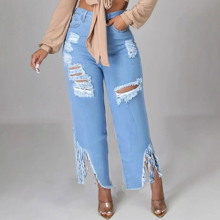 Solid Color Distressed Washed Denim Jeans - cas7m