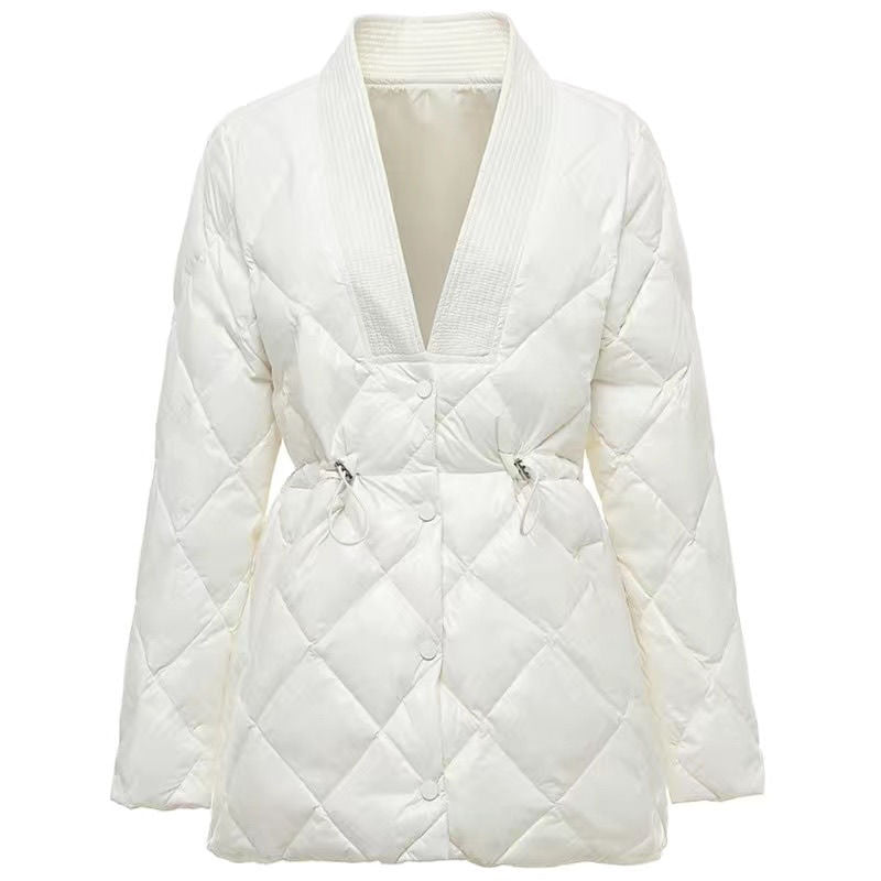 Rhombus Cotton-padded Jacket Women's Mid-length Large V-neck Jacket - cas7m