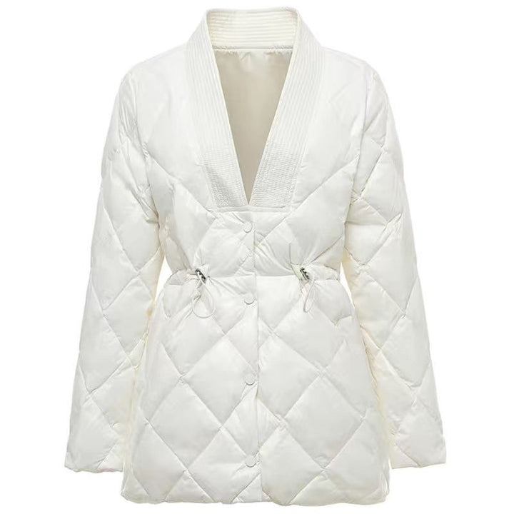 Rhombus Cotton-padded Jacket Women's Mid-length Large V-neck Jacket - cas7m