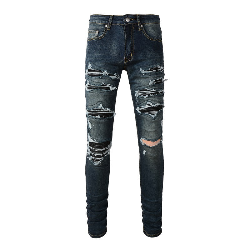 High Street Blue Ripped Leather Patchwork Men's Jeans - cas7m