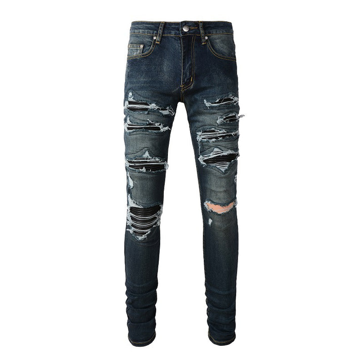 High Street Blue Ripped Leather Patchwork Men's Jeans - cas7m