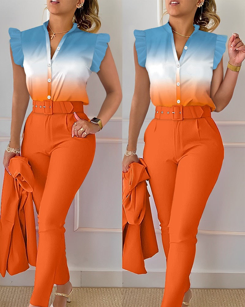 Printed Ruffle Sleeve Top Solid Color Pants Suit With Belt - cas7m