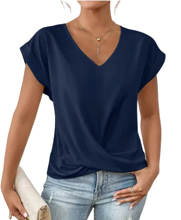 Fashion V-neck Short-sleeve T-shirt Summer Casual Irregular Knot Top For Women Clothing - cas7m