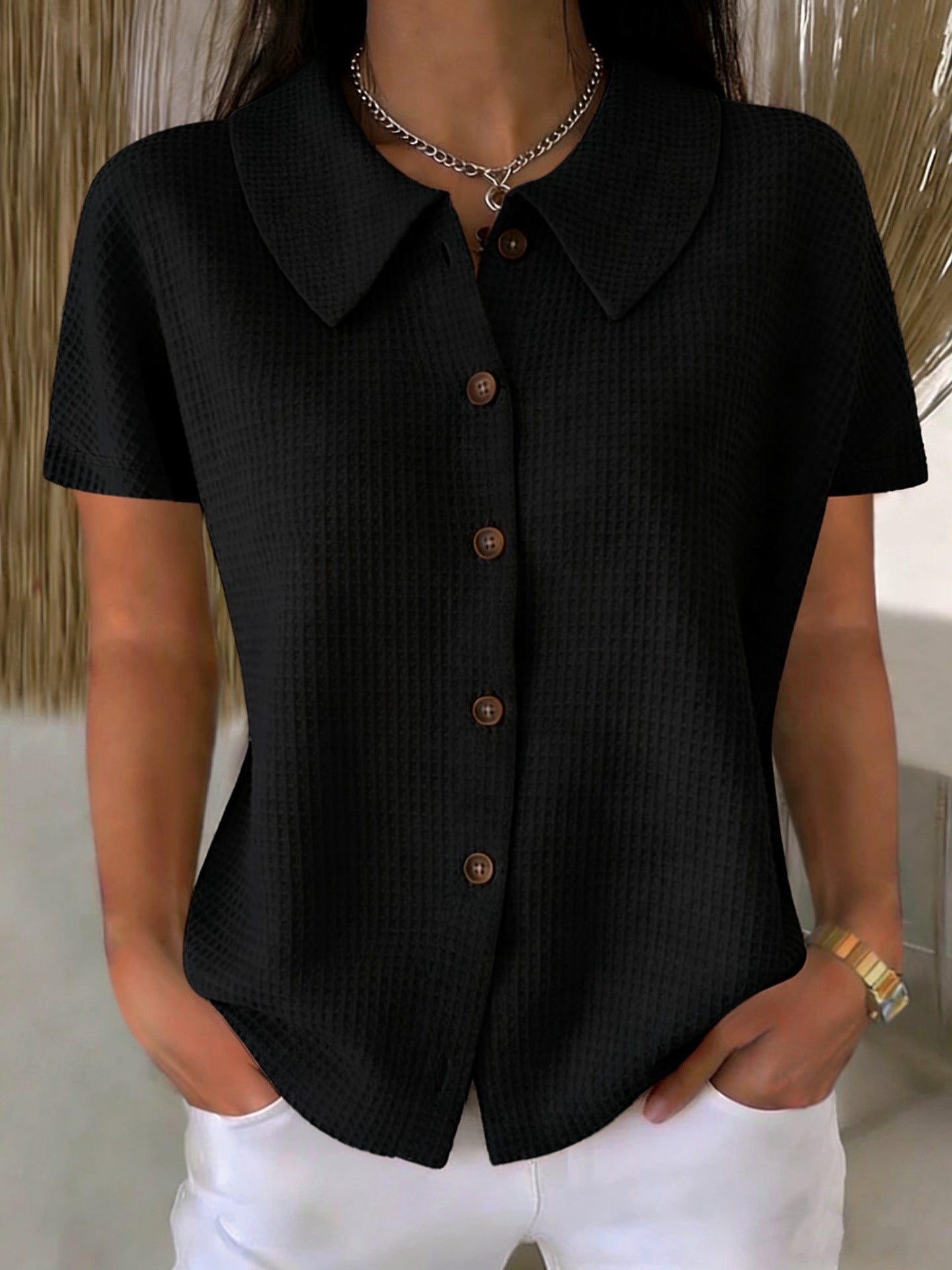 Turn-Down Collar Waffle Weave Solid Color Casual Loose Fit Short Sleeve Shirt - Women's Cotton Blend Lightweight Summer Top For Daily Wear - cas7m