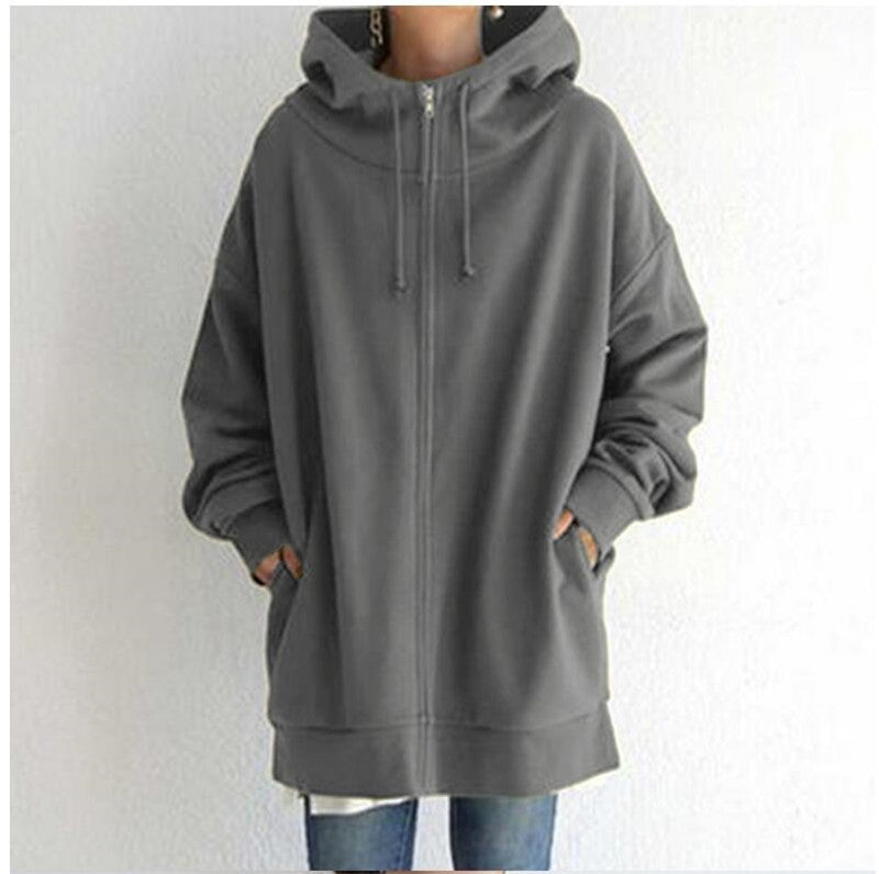 Oversized S-5XL Women Loose Hooded Coats Autumn Female Tie Collar Long Sleeve Zipper Up Add Velvet Long Sweatshirt - cas7m