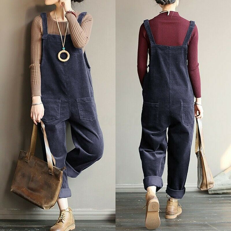 Women's Corduroy Solid Color Casual Bib Pants - cas7m
