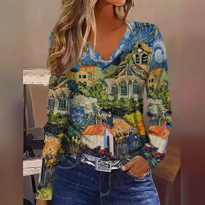 Fashionable Casual Geometric V-Neck Long-Sleeve Top For Women - cas7m