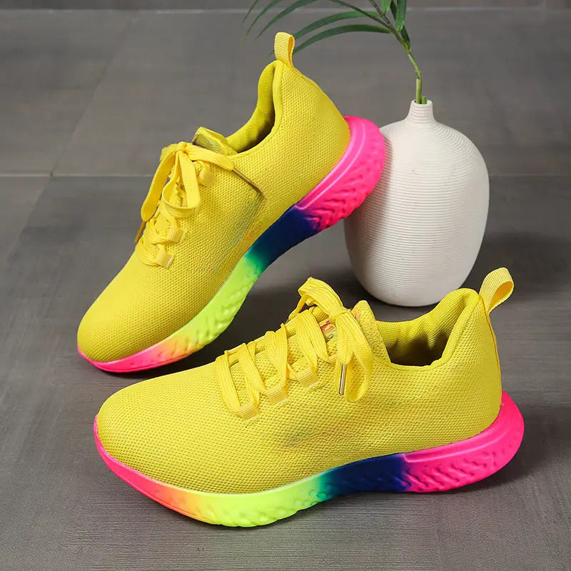 Lace-up Mesh Shoes With Rainbow Sole Design Fashion Walking Running Sports Shoes Sneakers For Women - cas7m