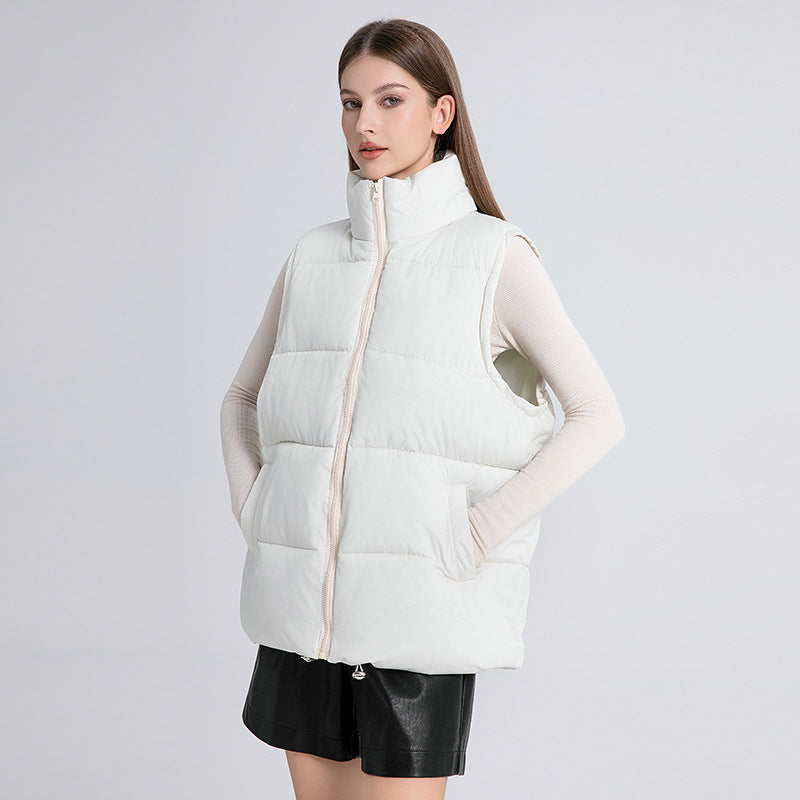 Women's Sleeveless Mid-length Stand-up Collar Thermal Down Cotton Thickened Vest - cas7m