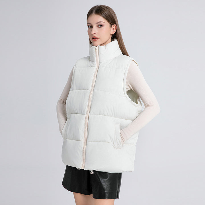 Women's Sleeveless Mid-length Stand-up Collar Thermal Down Cotton Thickened Vest - cas7m