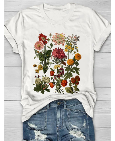 Flower Plant Print Casual Loose Round Neck Short Sleeve - cas7m