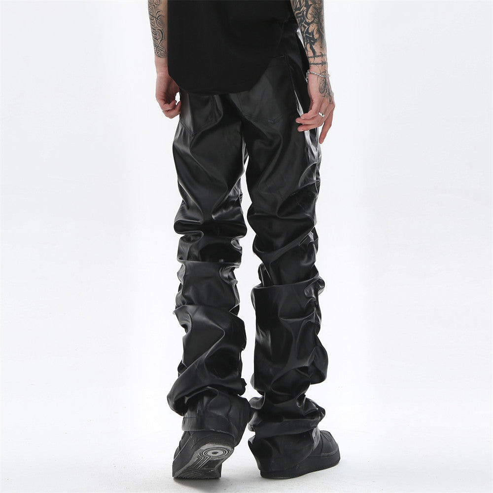 Men's Loose Casual Shiny Wrinkled Leather Pants - cas7m